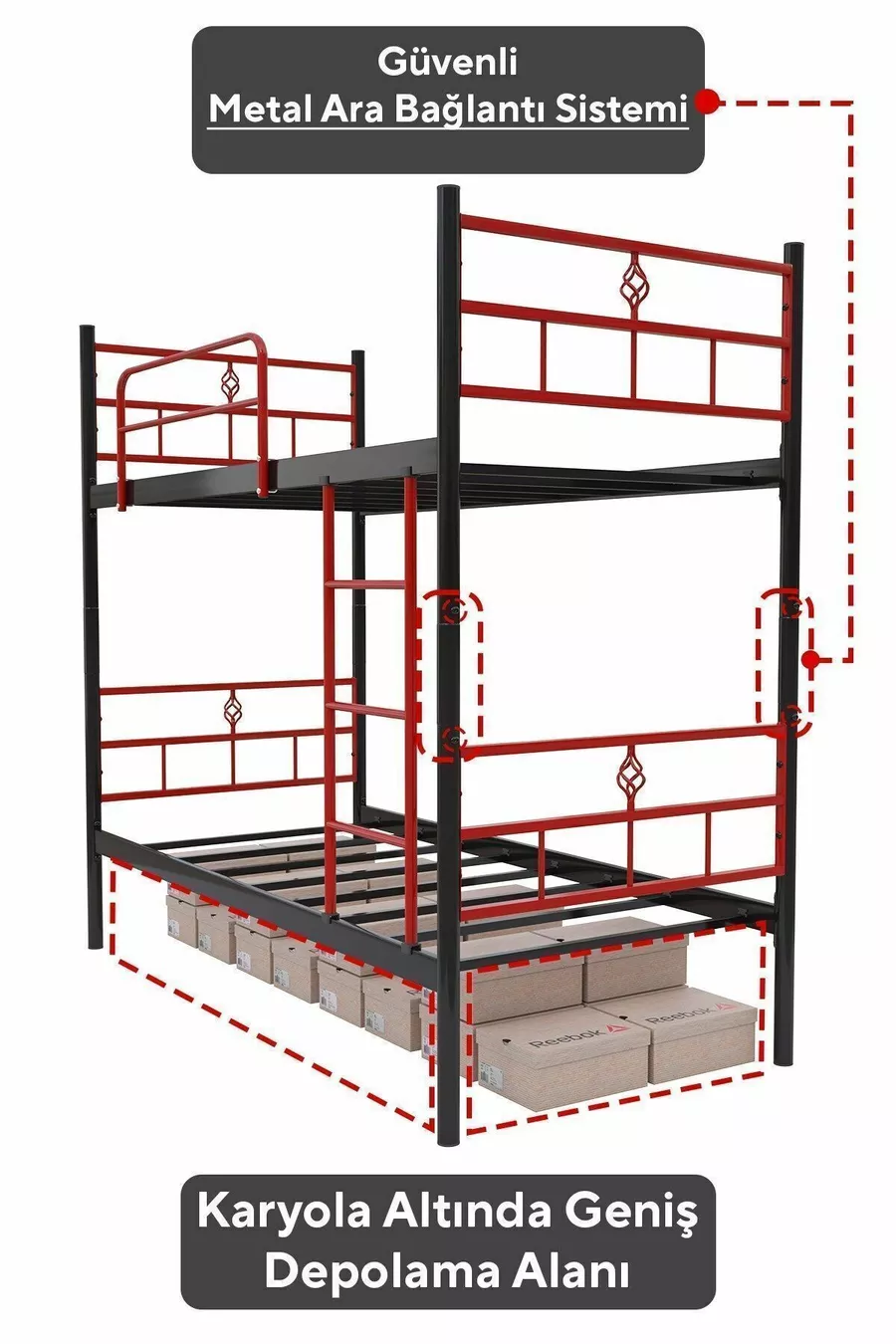 Lit superposé Koza Ranza compatible avec matelas, rouge, cadre métallique détachable
