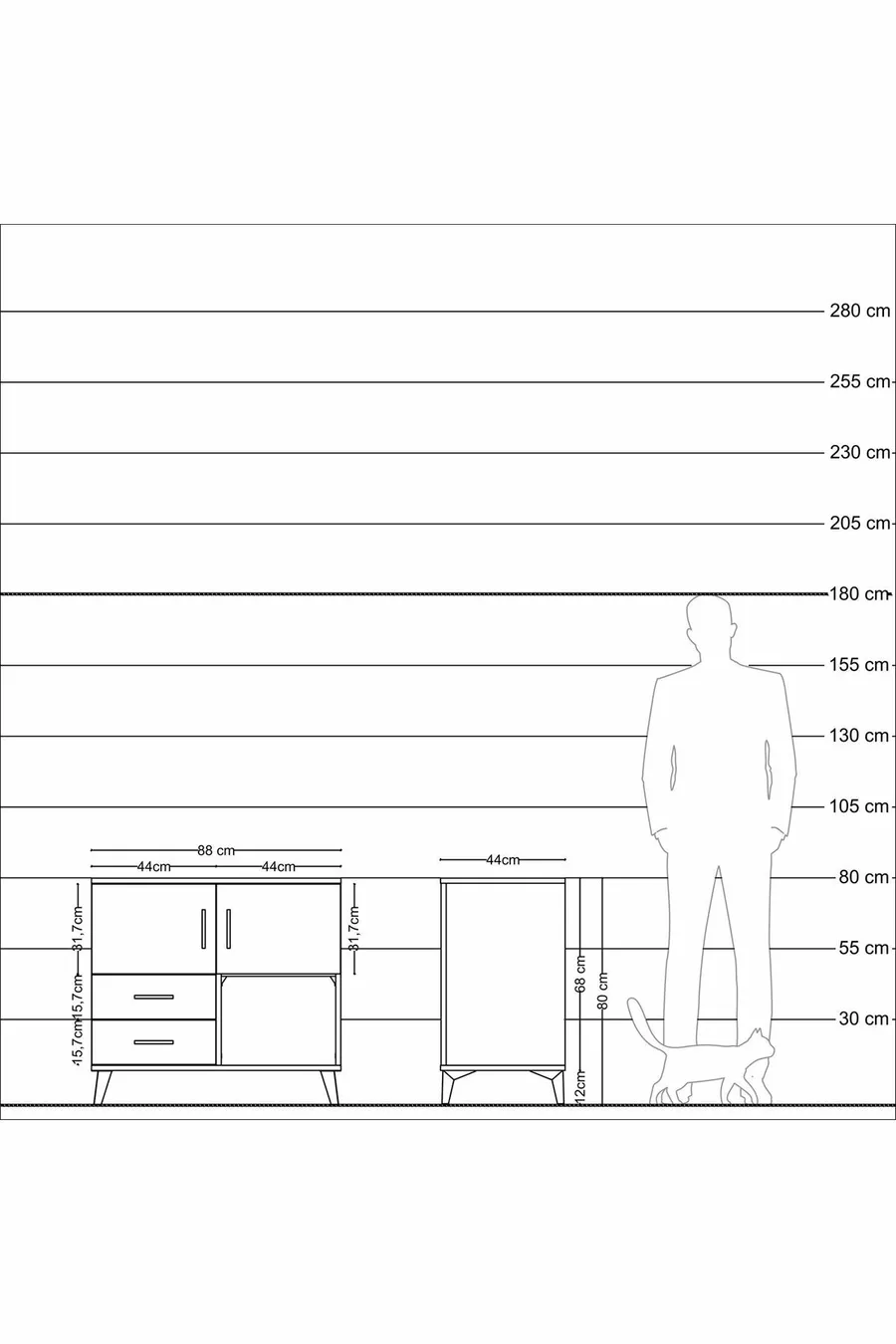 Commode Hyperion avec 2 étagères, 2 tiroirs, 2 portes, en pin anthracite/pierre de lune