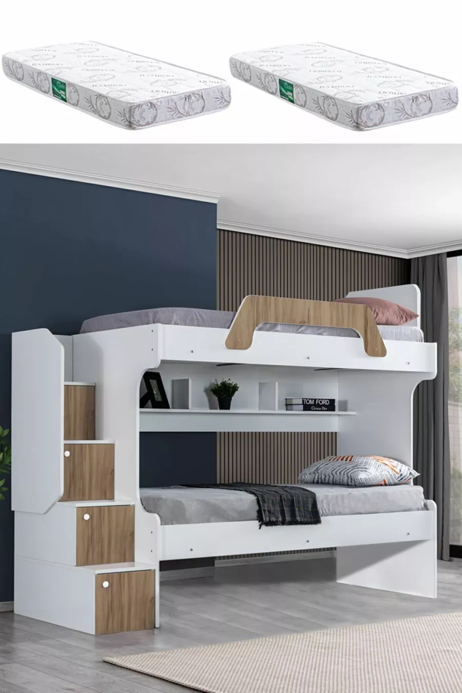 Lits superposés, Lot de 2 lits superposés Inci - Noyer 2 Matelas Comfort