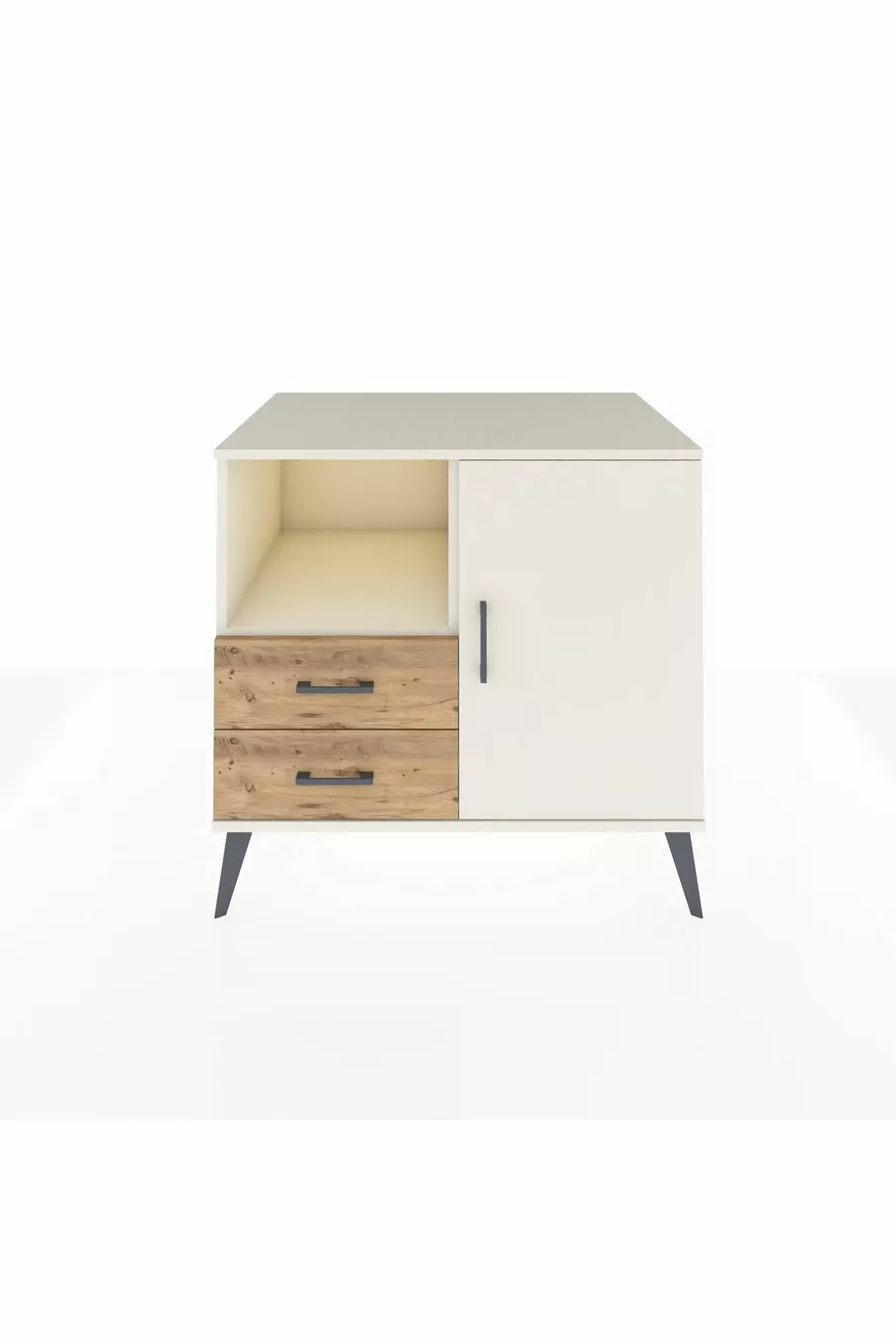 Commode Kronos avec 2 étagères, 2 tiroirs et 1 porte, Pierre de lune/Pierre de lune/Pin