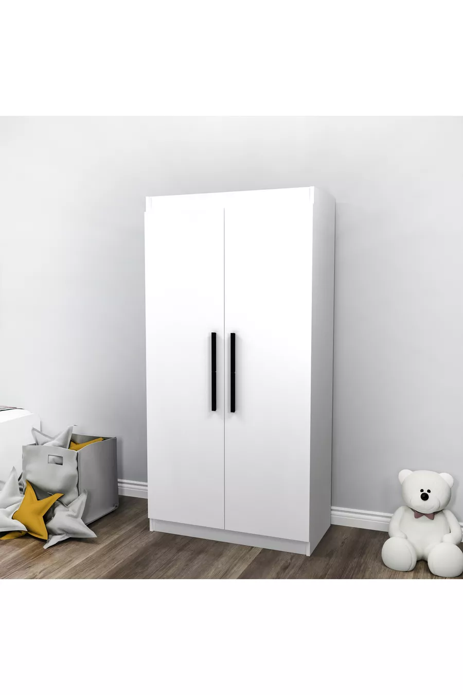 Chambre Jeune Akser Ensemble 4 pièces – Blanc (Bureau, Lit, Armoire, Étagère murale)
