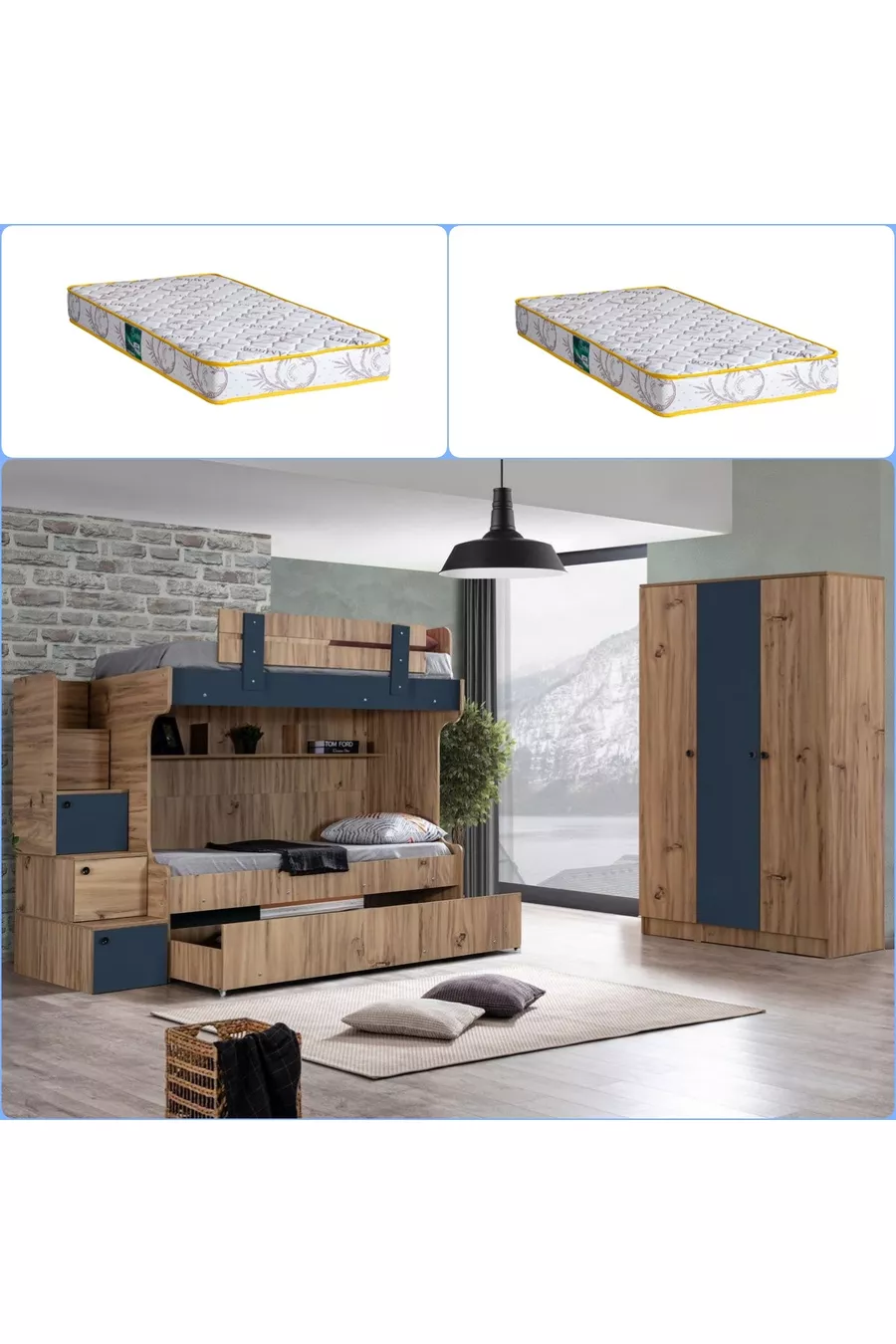 Lits superposés, lits superposés Riva avec 3 portes + 2 matelas Comfort