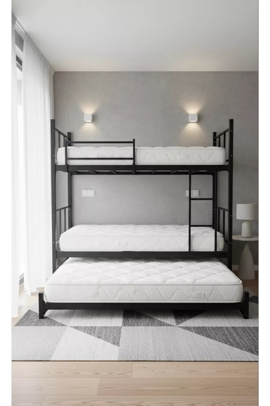 Lit superposé moderne avec étoiles, compatible avec lit, pour 3 personnes, lit superposé en métal noir