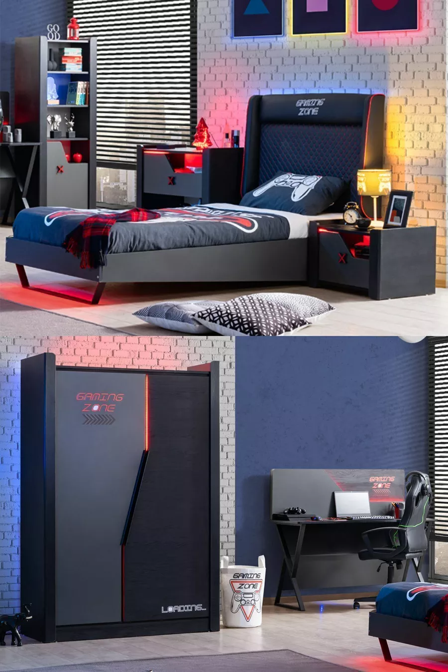 Chambre d'adolescent avec thème gamer - Armoire 2 portes, lit simple, table de chevet, bureau, commode, bibliothèque