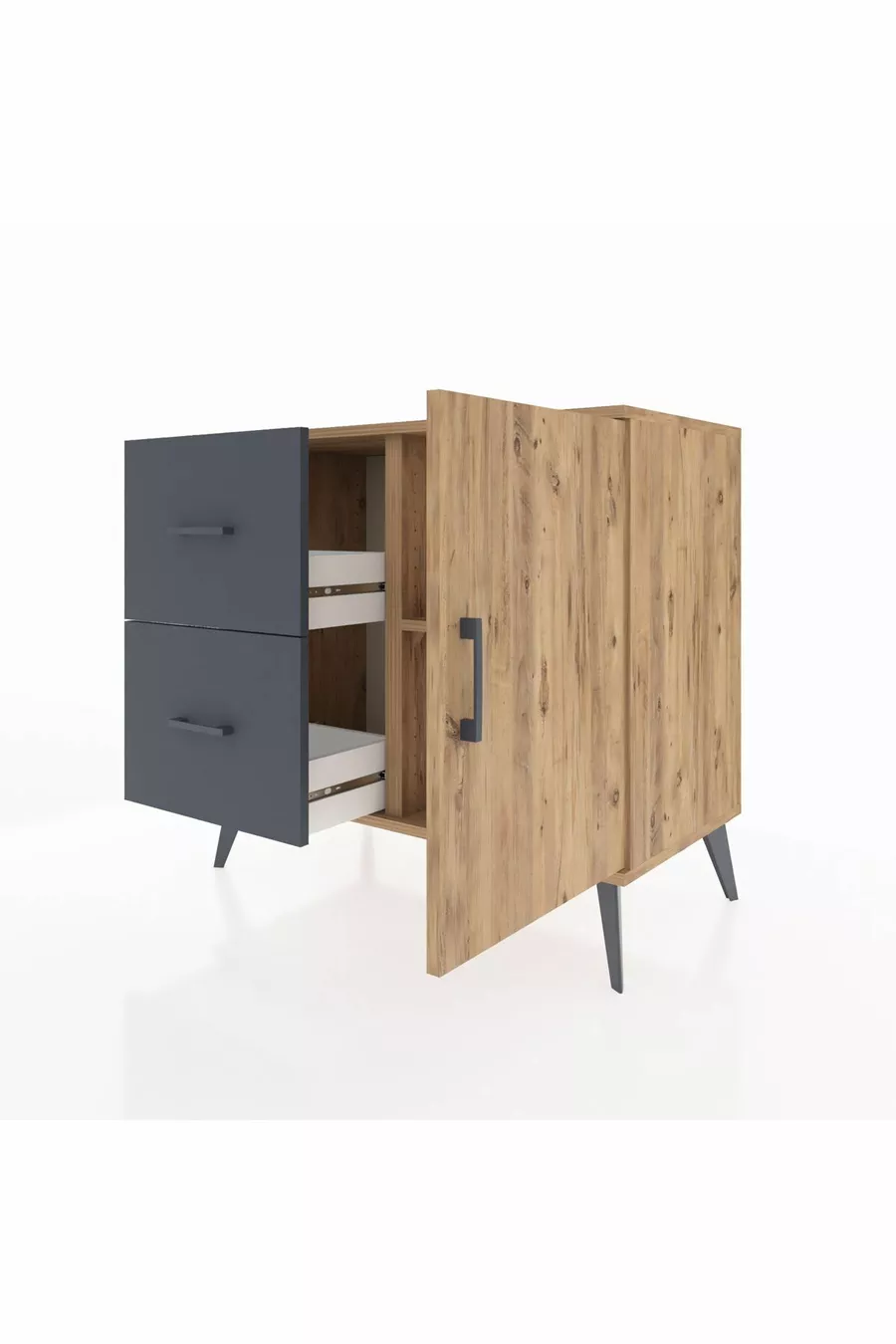 Commode Hyperion avec une seule étagère, 2 tiroirs et une porte, Pin-Pin/Anthracite