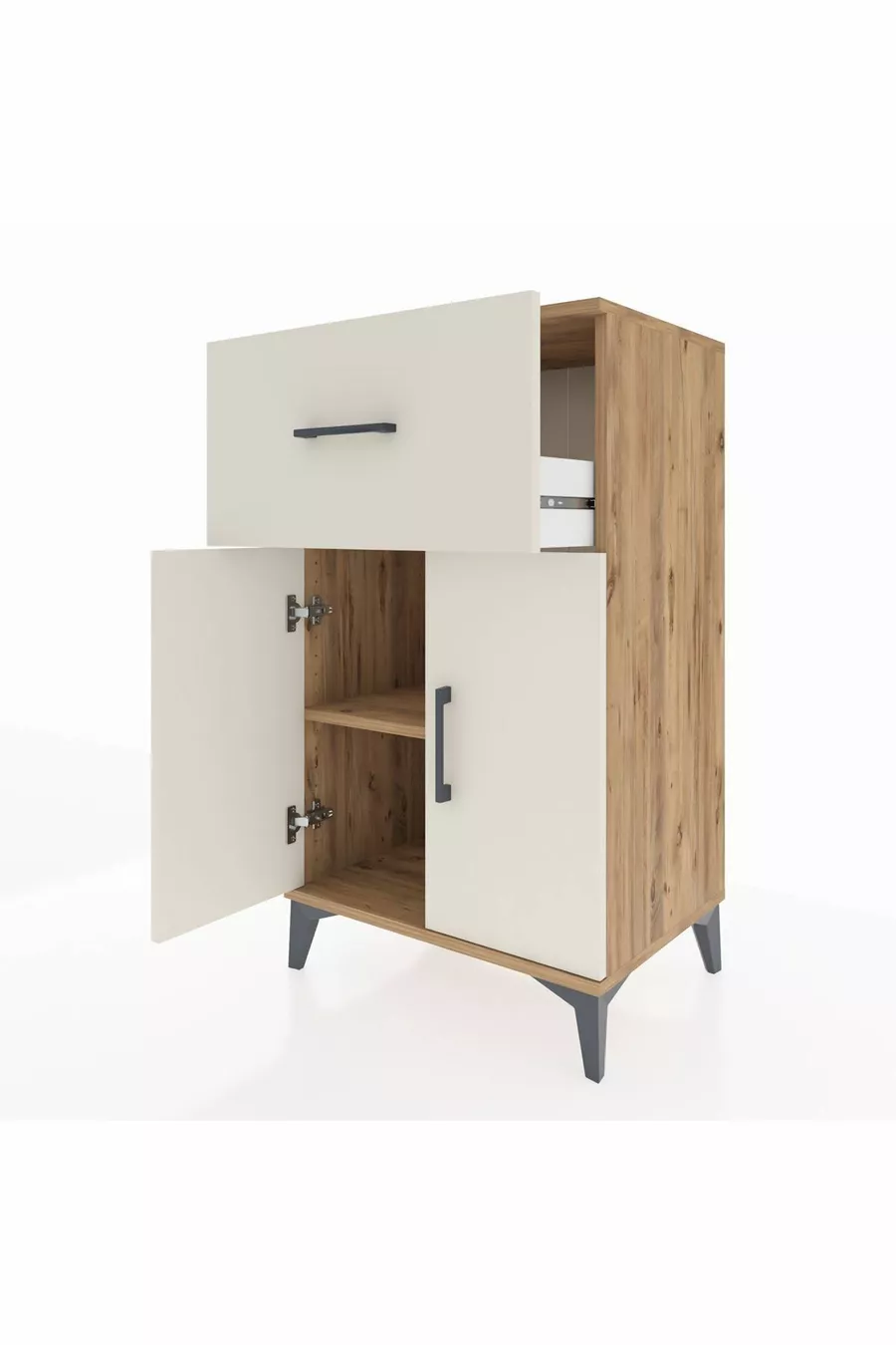 Chevet Hyperion avec une étagère simple, un tiroir et deux portes, en pin et travertin