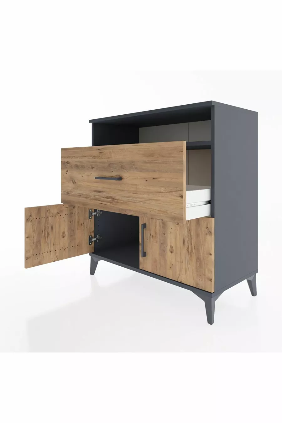 Commode Hyperion à une étagère, un tiroir et deux portes, Anthracite-Épicéa