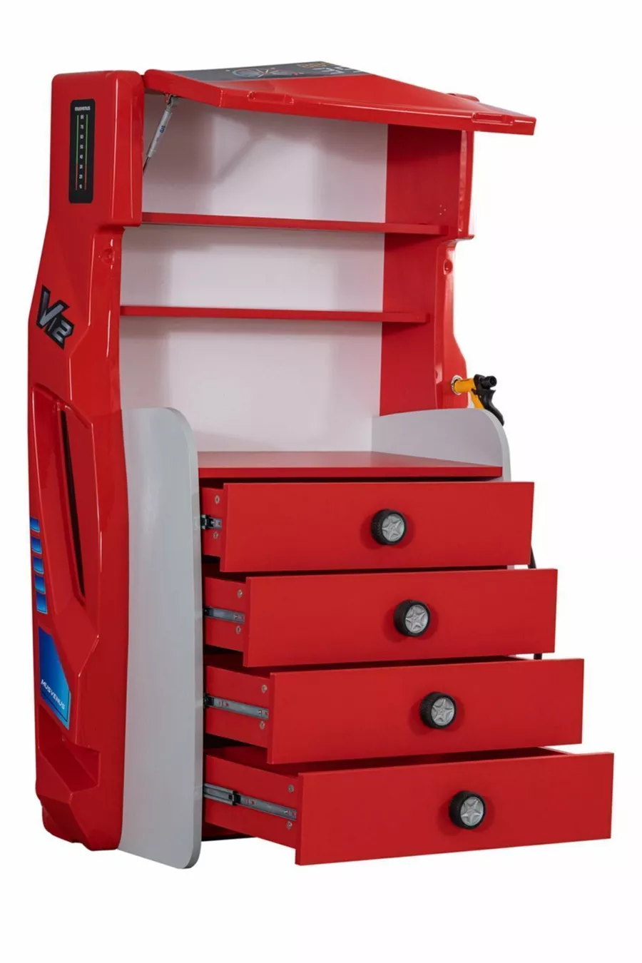 Chambre d'enfant - Lit sur roulettes Merso - Armoire 3 portes, Bureau, Commode, Bibliothèque - Rouge