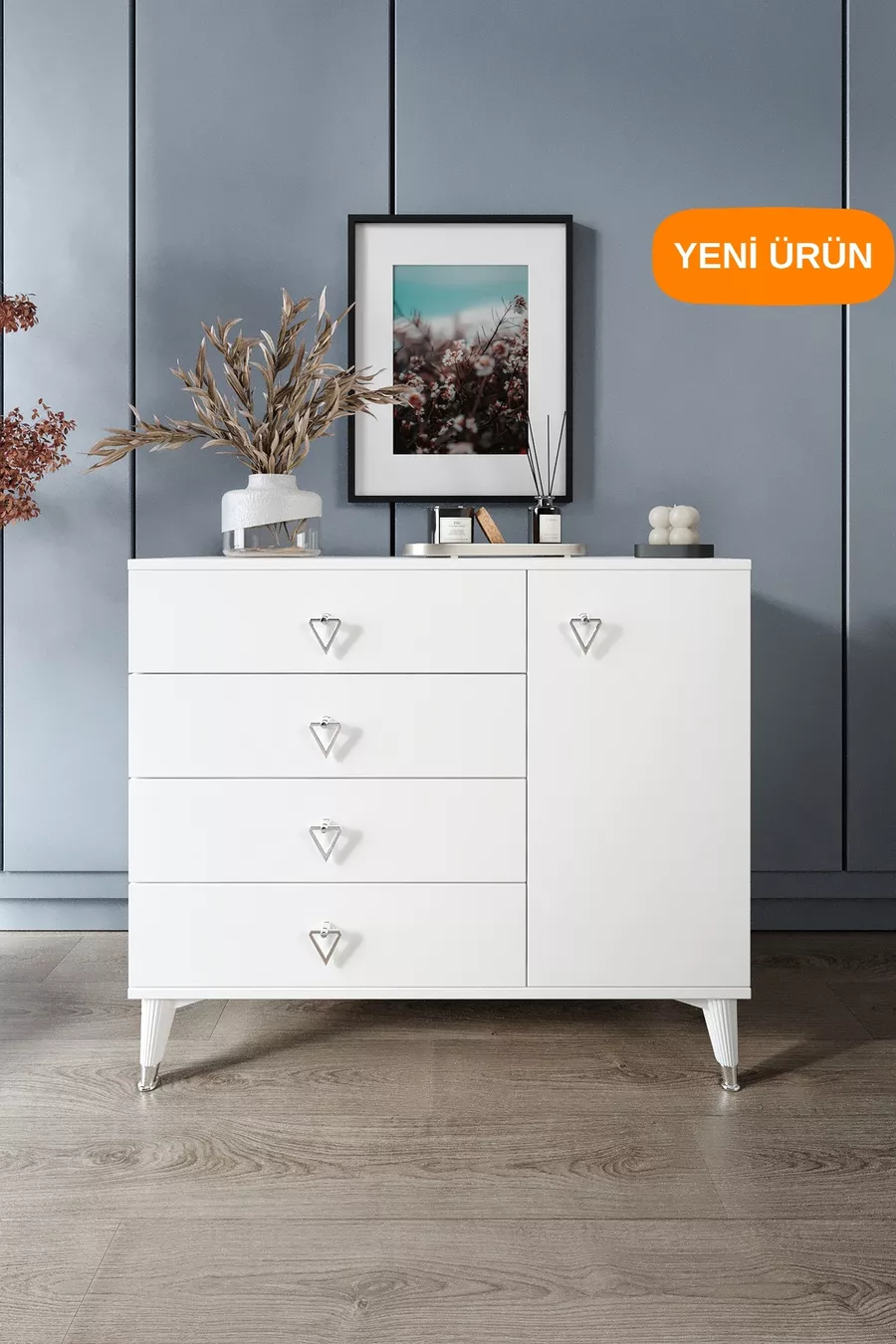Commode moderne blanche argent avec 4 tiroirs et 1 porte