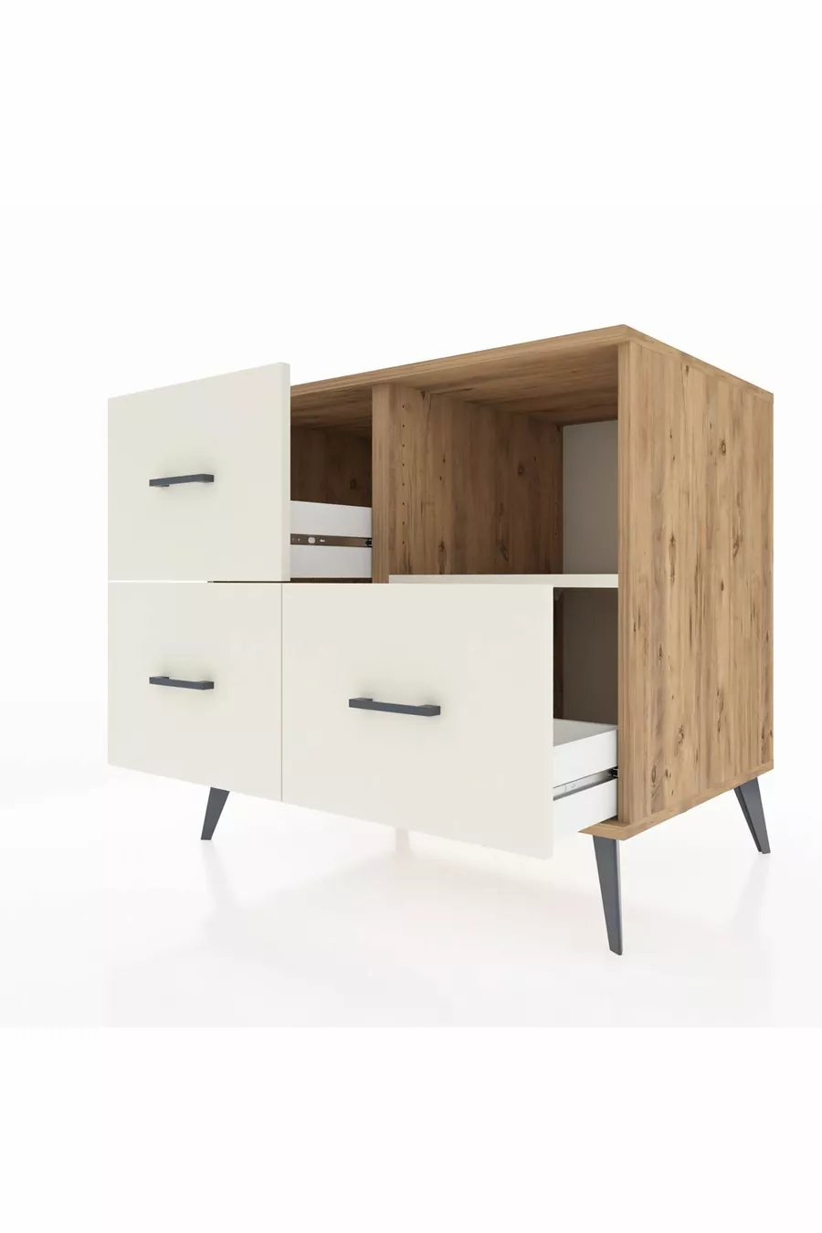 Commode Kronos à une étagère et 3 tiroirs en pin et pierre de lave