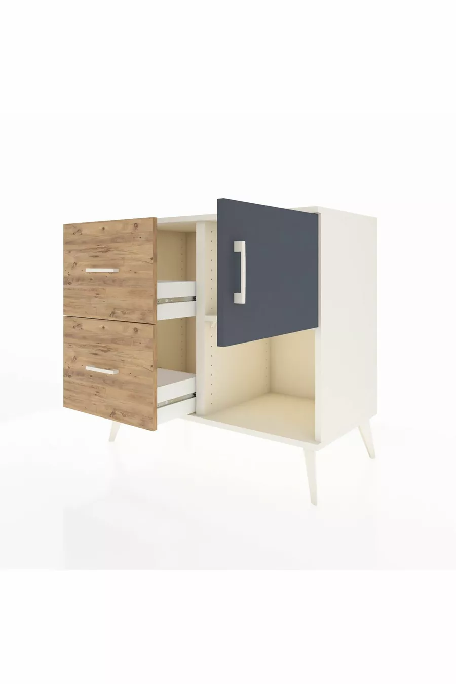 Commode Hyperion avec une seule étagère, 2 tiroirs et une porte, Pierre de Lune-Anthracite/Pin
