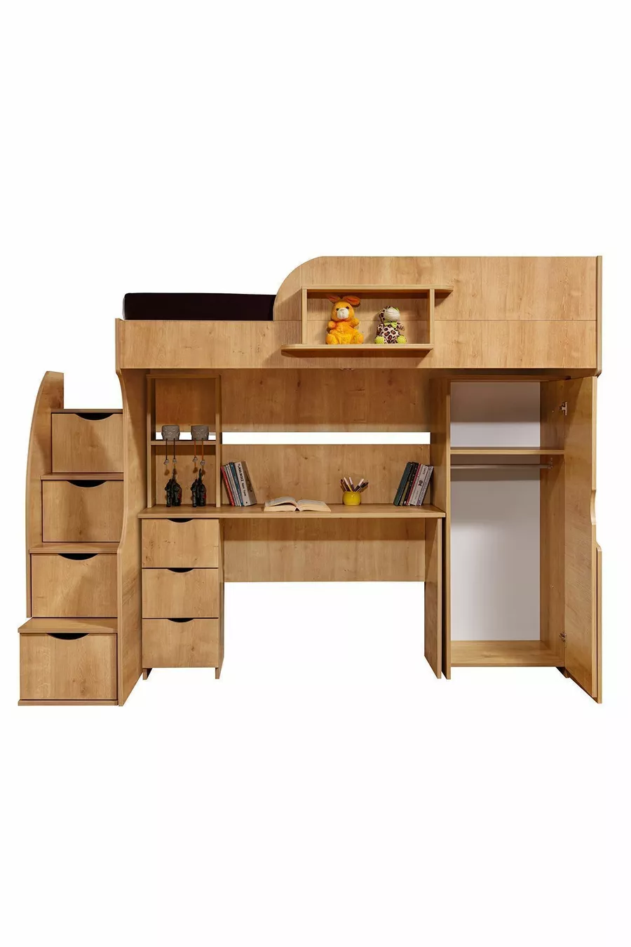Lit superposé, litera avec armoire et bureau, noyer clair, 1 matelas Comfort
