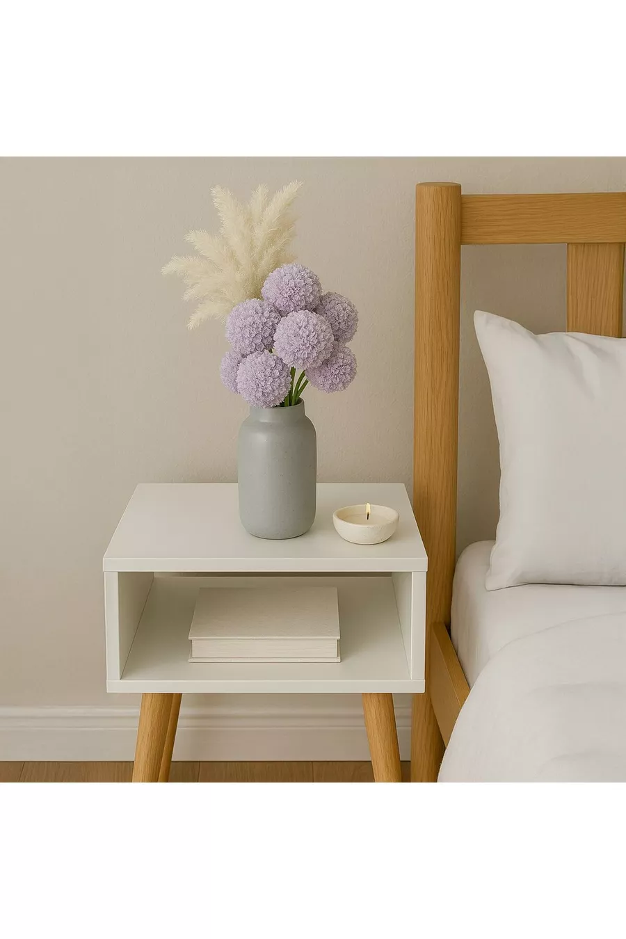 Table de chevet blanche à une étagère, en bois massif avec pied tourné cm