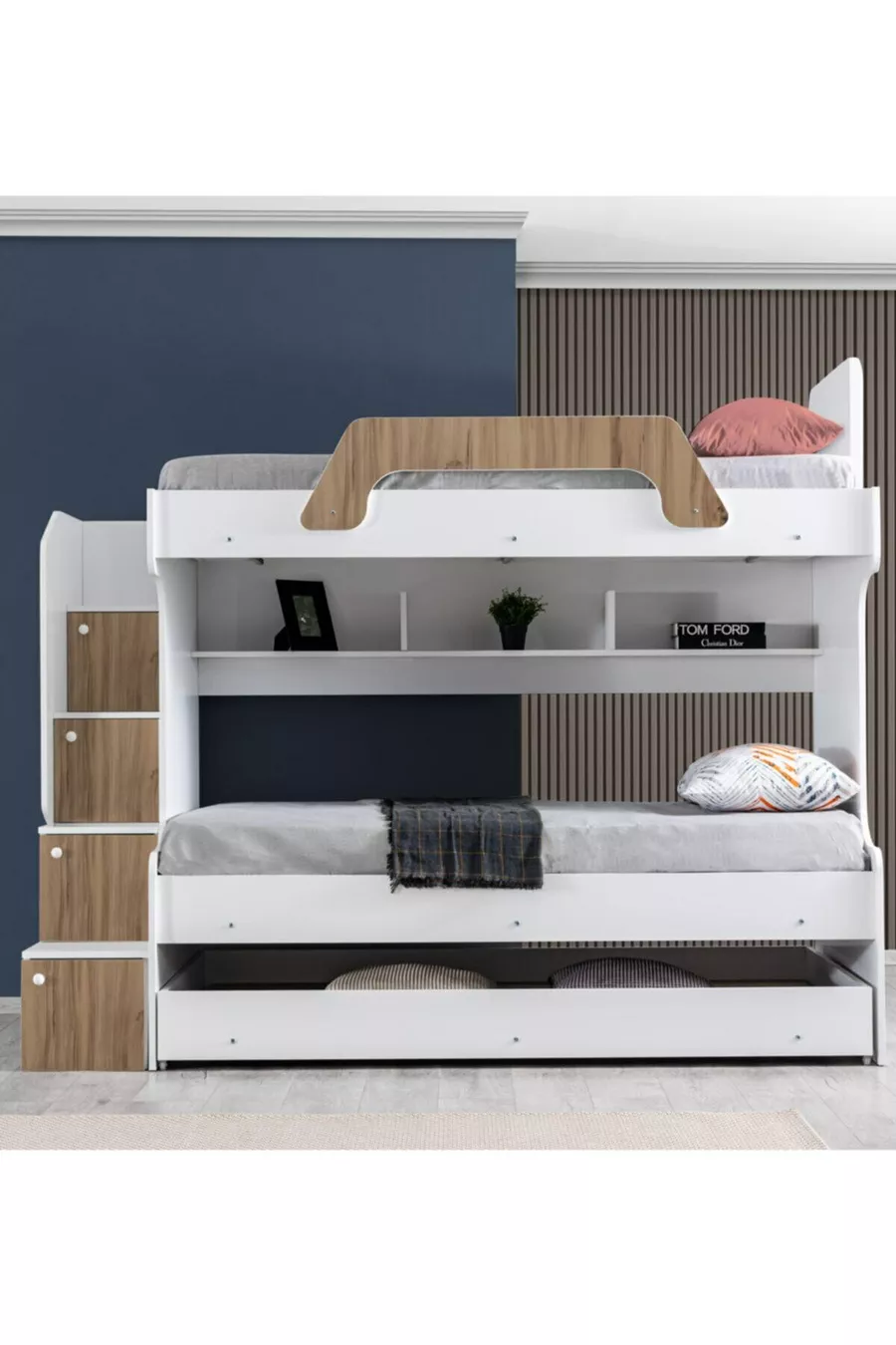 Lits superposés, Lit superposé pour enfants Inci avec lit gigogne en noyer, lot de 3 matelas confort