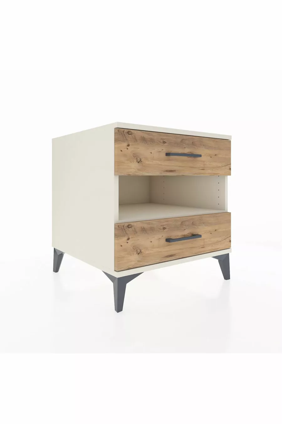 Table de chevet Kronos avec une étagère et 2 tiroirs, Aïtos-Pin