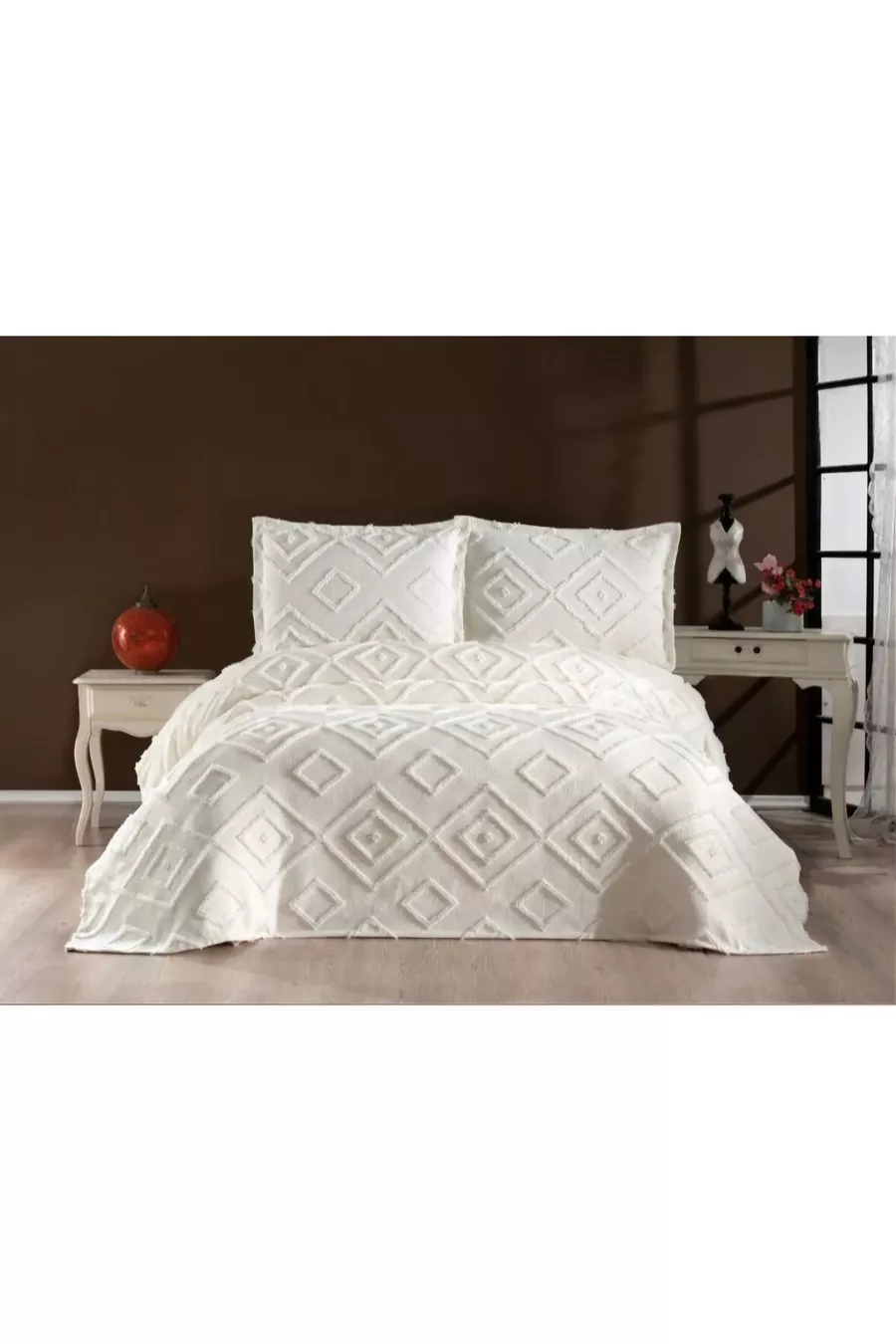 Housse de lit scandinave Jasmin 3 pièces pour lit double crème