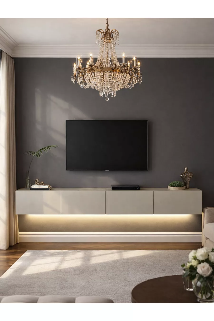 Meuble TV avec LED & Unité, Unité TV Murale Sable  cm | Homeros