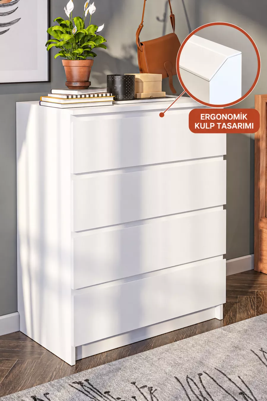 Commode Derinkuyu à 4 tiroirs Chambre à coucher Chambre de bébé Armoire Blanche