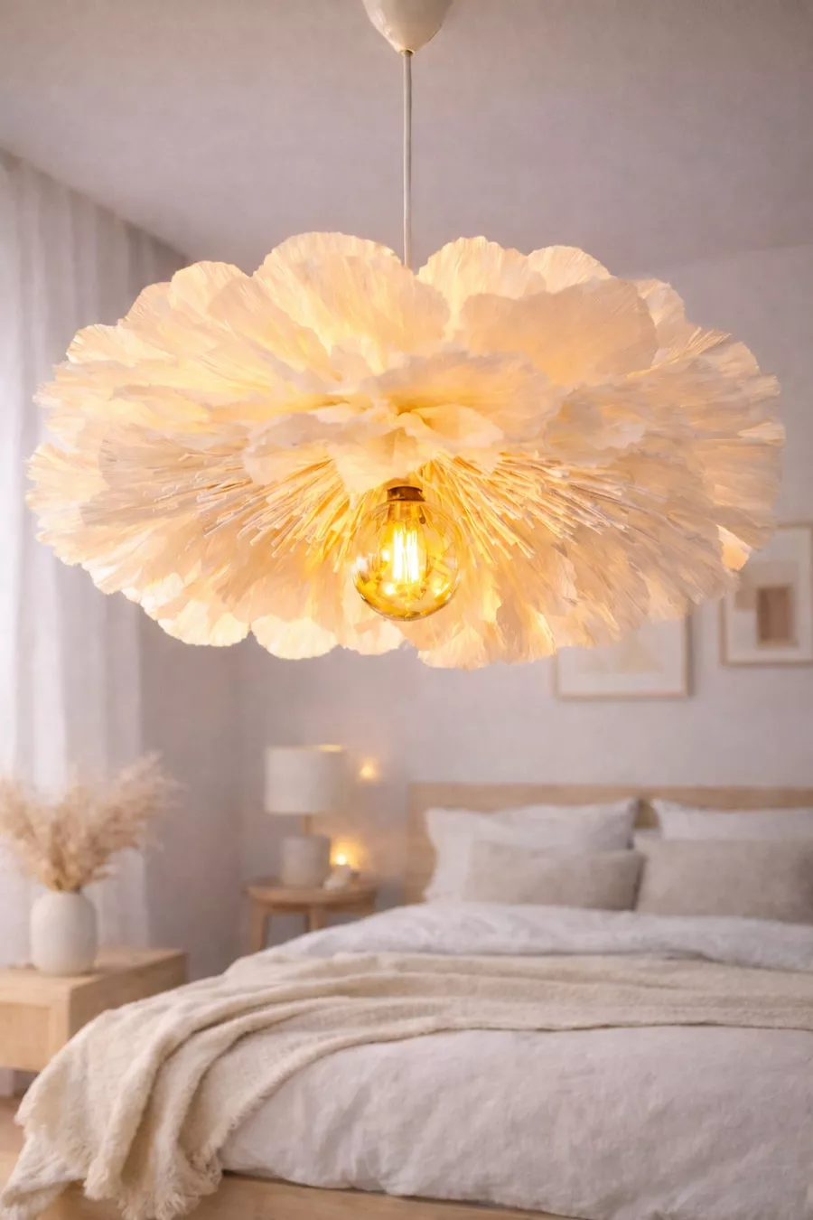Lumi Bloom Abat-jour de fleurs fait main en papier crêpon italien blanc, éclairage pour salon et chambre