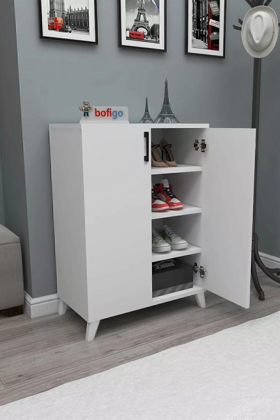 Armoire à chaussures polyvalente à 4 étagères et 2 portes, Armoire à chaussures Ceren Blanche