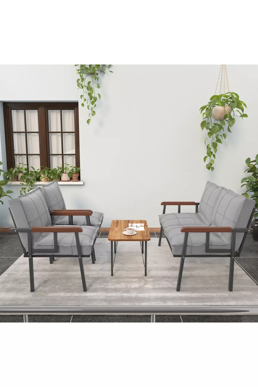Série « Modern » Balcon, Jardin, Café - Ensemble Canapé en Métal 2 1 1 avec Table Offerte - Gris Clair