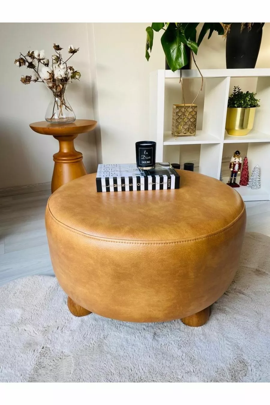 Banc Pouf Moyen Table Pieds en Bois de Noyer Xlarge Zone d'Assise Cuir Synthétique Tissu Tabac
