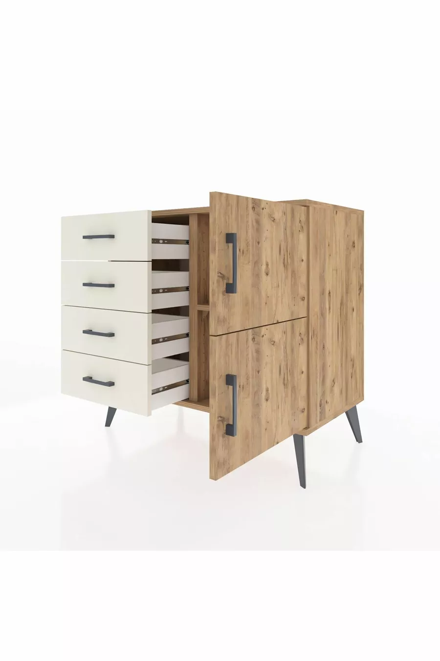 Commode Hyperion avec une seule étagère, 4 tiroirs et 2 portes, pin-pin / pierre d'âme
