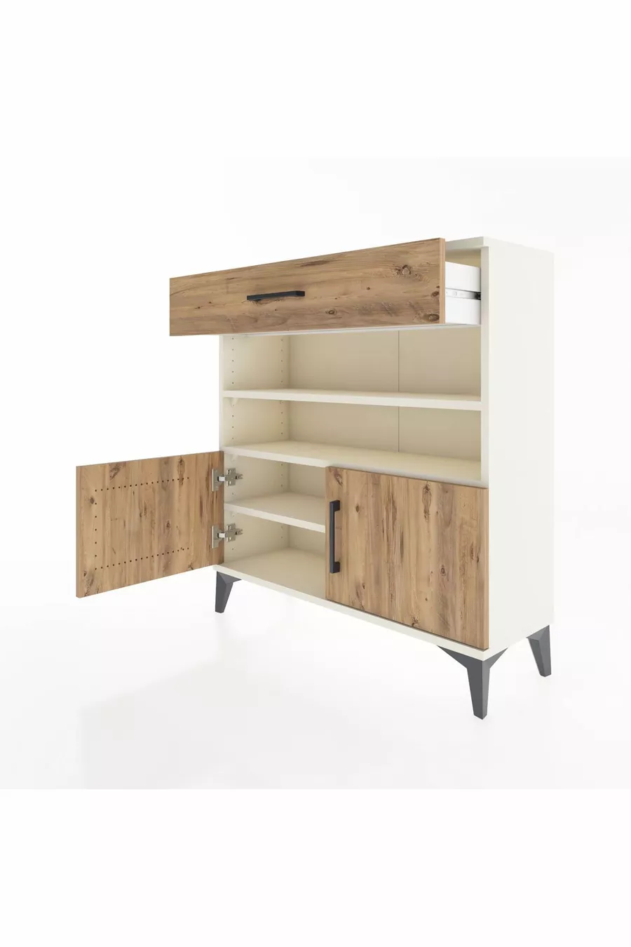 Commode Arges 3 étagères, 1 tiroir, 2 portes, Pierre de lune-Pin