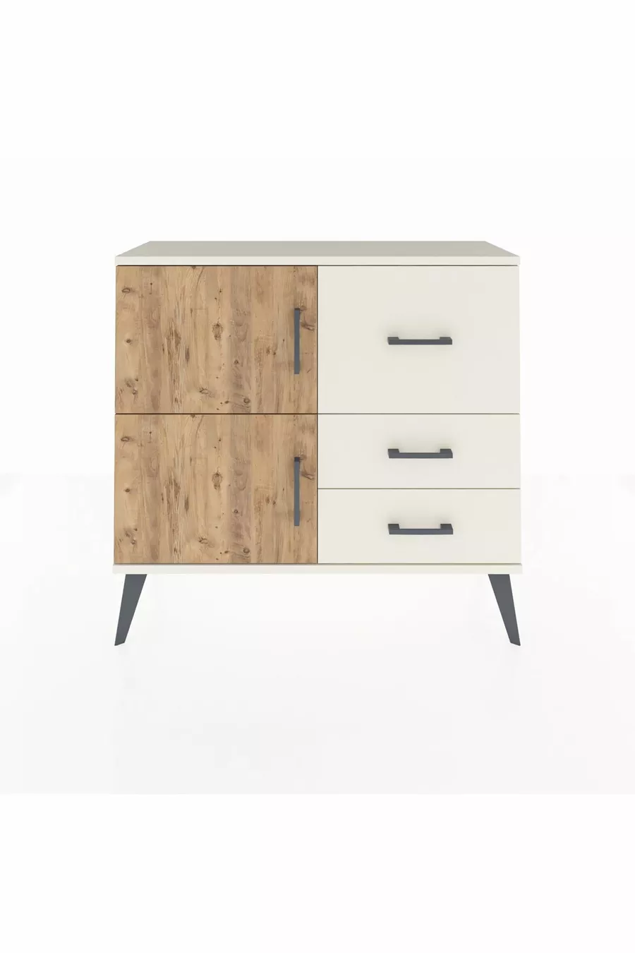 Commode Arges à une étagère, 3 tiroirs et 2 portes, Pierre de lune-Pin/Pierre de lune