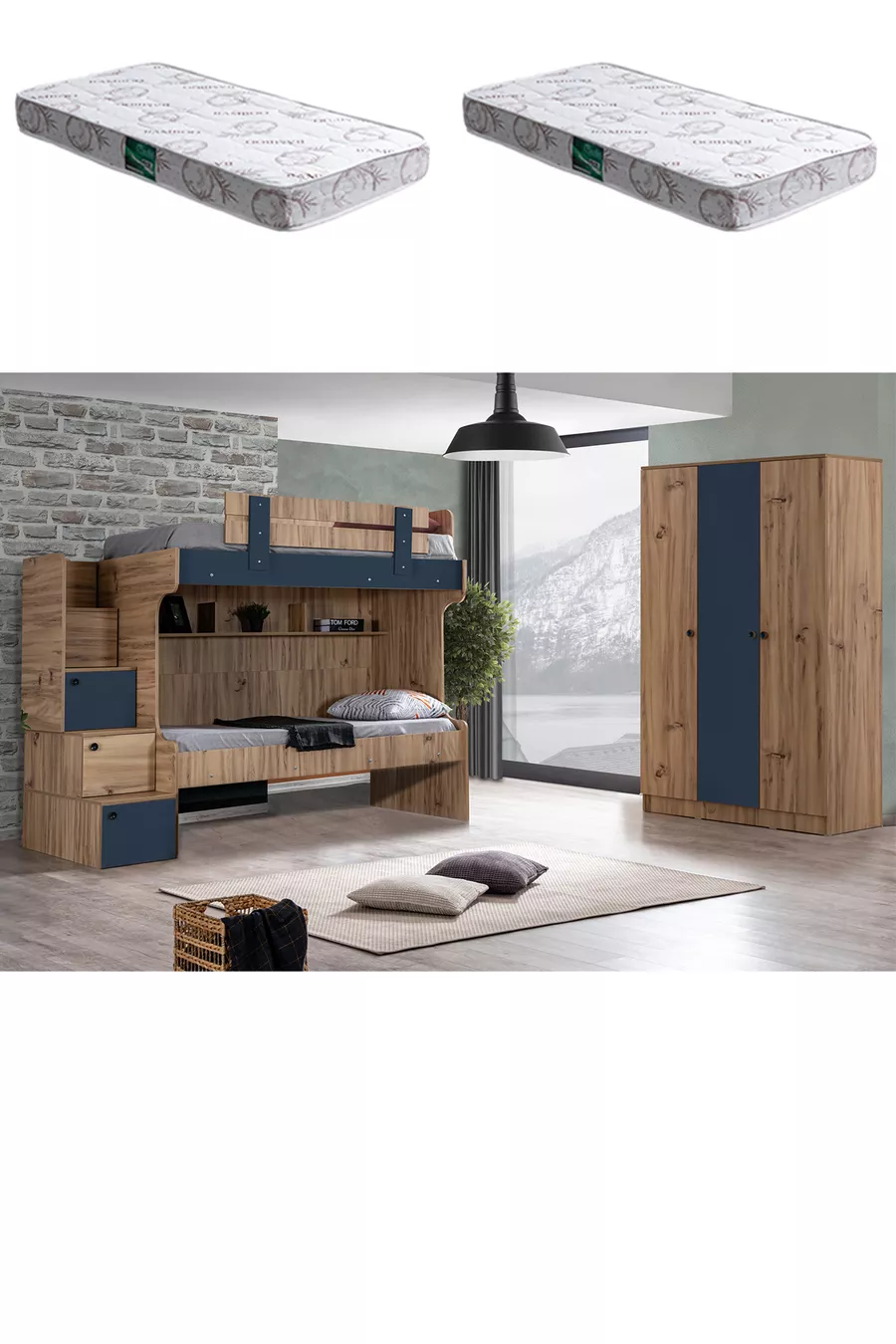 Lit superposé Ranza, Riva avec échelle 2 en 1 + Armoire 3 portes + 2 matelas Comfort