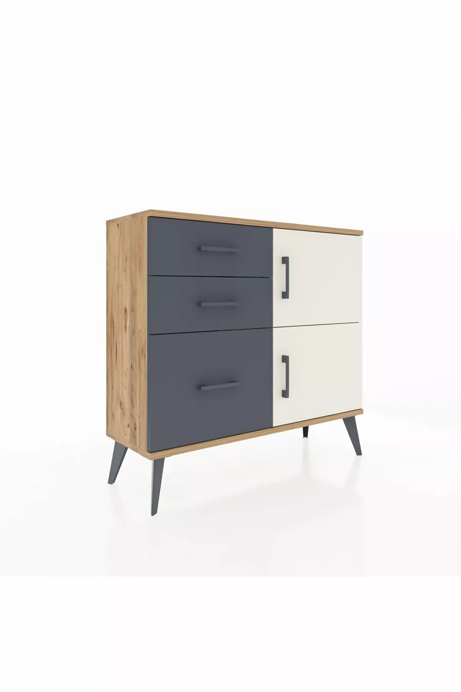 Commode Arges à une étagère, 3 tiroirs et 2 portes, Pin-Pierre de lune/Anthracite