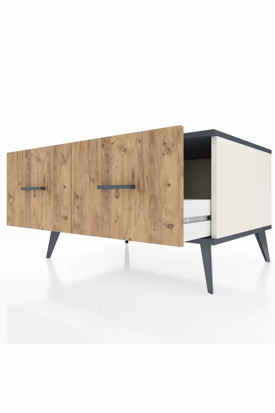 Commode Kronos 2 tiroirs Pierre de Lune-Anthracite/Pin