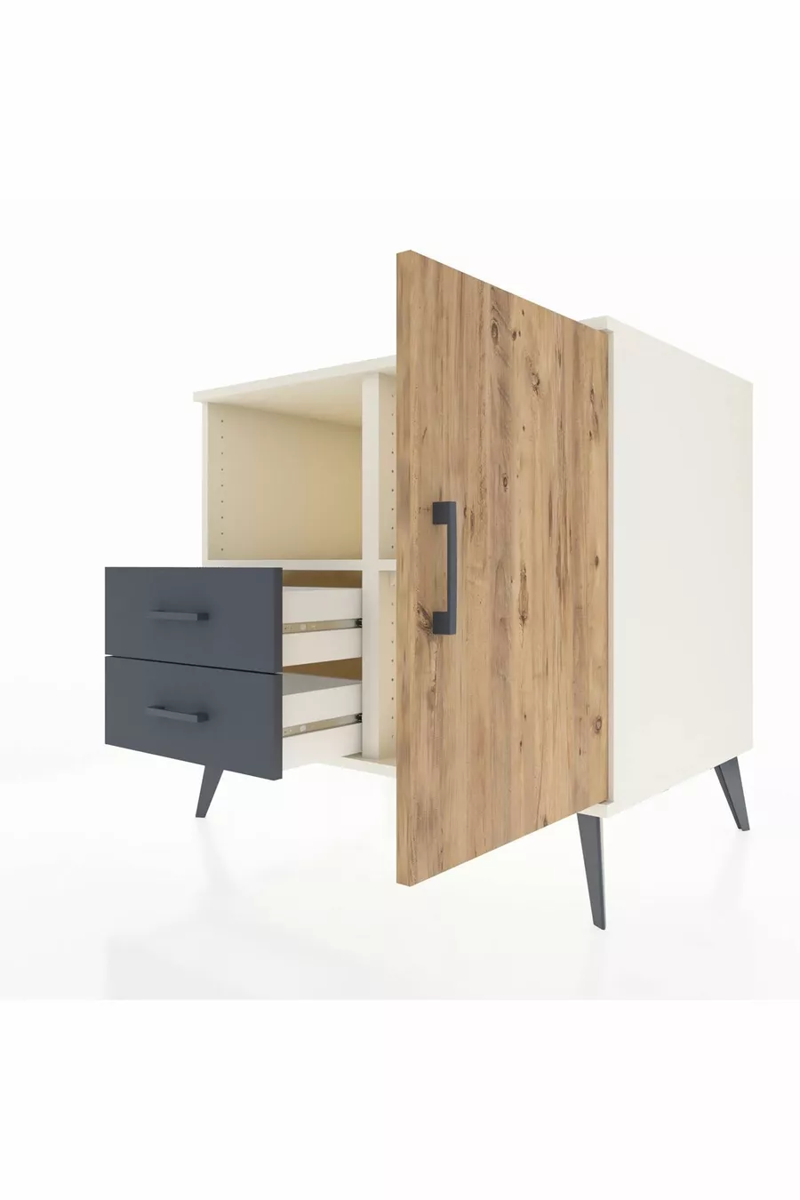 Commode Kronos avec 2 étagères, 2 tiroirs et 1 porte, Albâtre-Pin/Anthracite