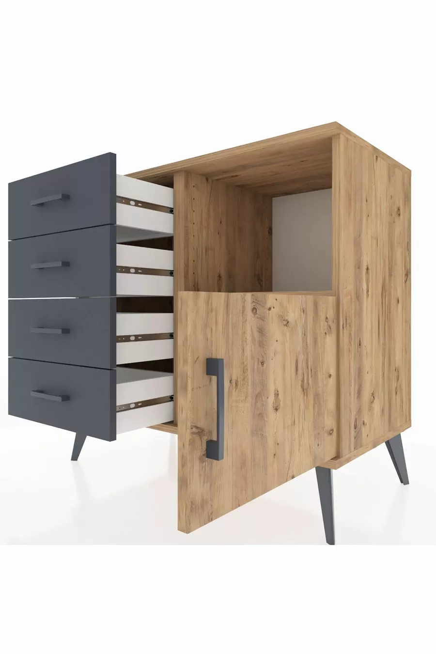Commode Hyperion avec une seule étagère, 4 tiroirs et une porte, Pin-Pin/Anthracite