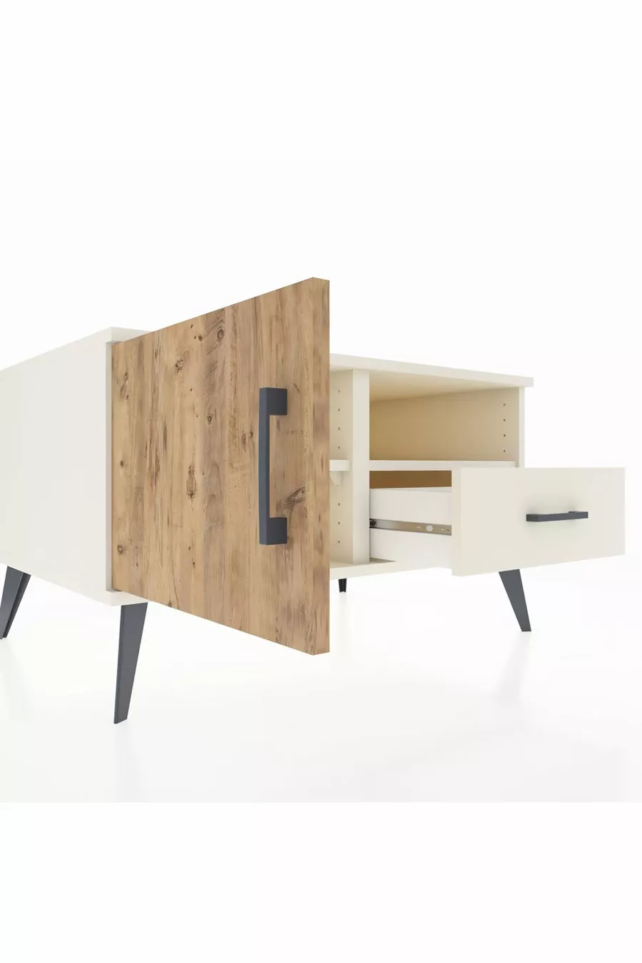 Commode Kronos avec 2 étagères, 1 tiroir et 1 porte, couleur Pierre de lune/Pin