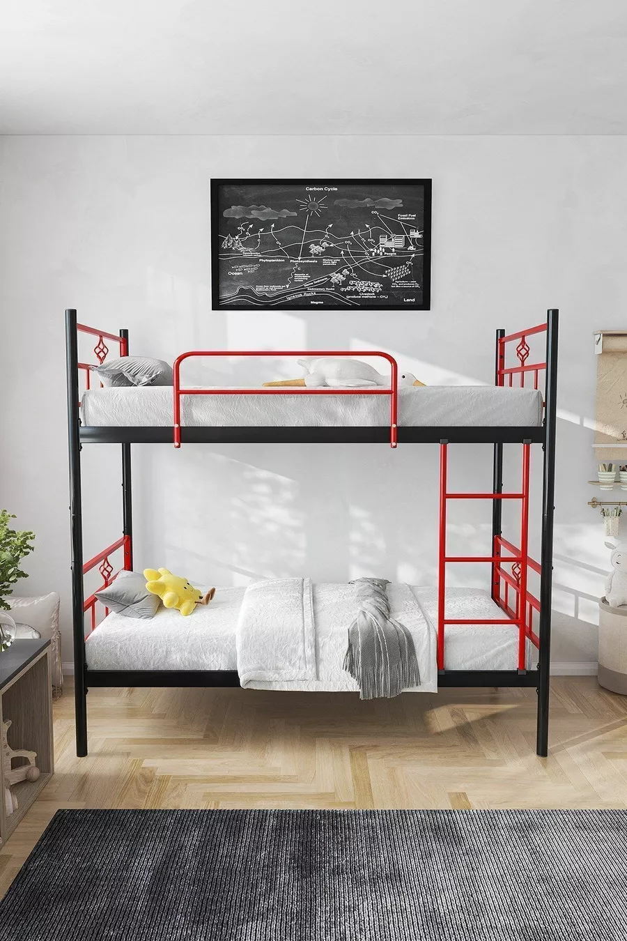 Lit superposé Koza Ranza compatible avec matelas, rouge, cadre métallique détachable