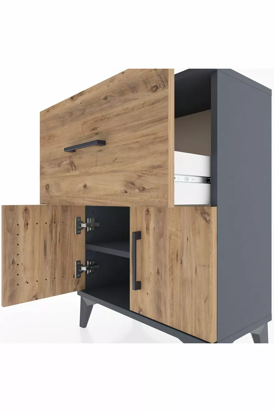 Table de chevet Arges avec une étagère, un tiroir et deux portes, Anthracite-Épicéa