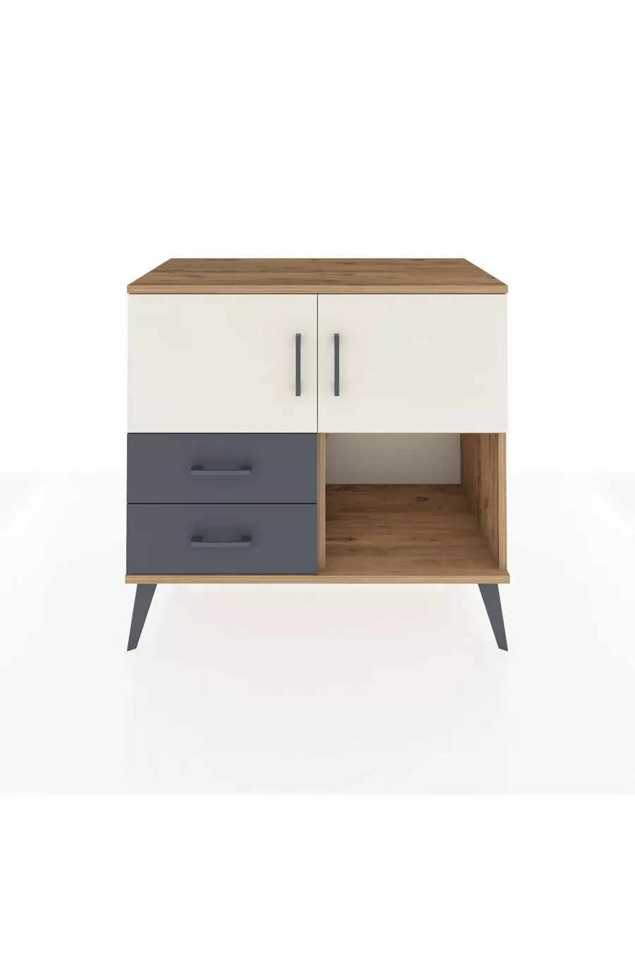 Commode Hyperion 2 étagères 2 tiroirs 2 portes Pin-Marbre/Anthracite