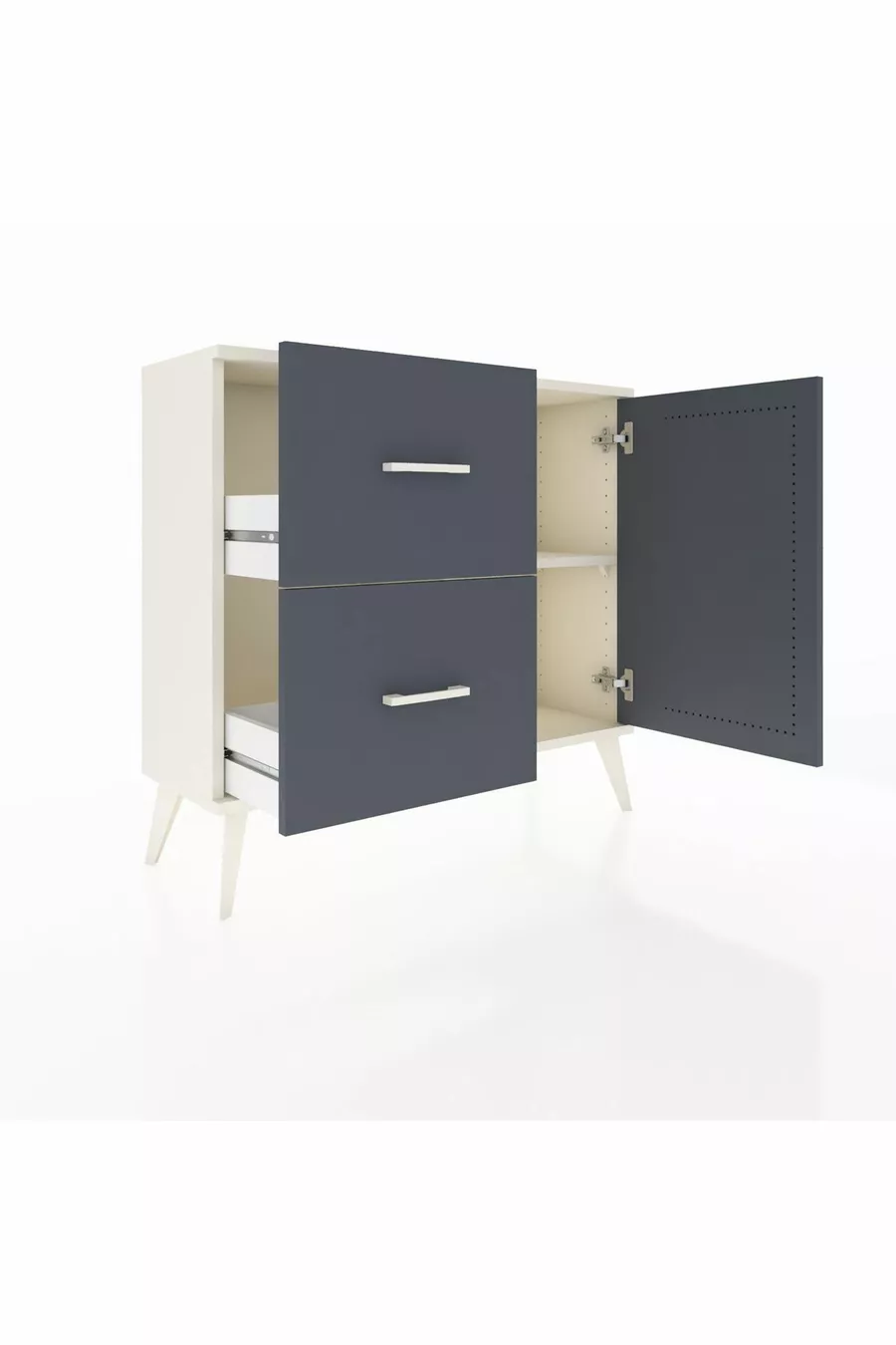 Commode Arges avec une seule étagère, 2 tiroirs et une porte, coloris Pierre de Lune-Anthracite