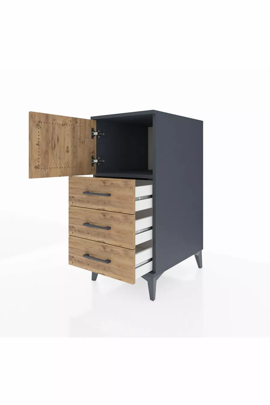 Kronos Table de chevet avec une étagère, 3 tiroirs et une porte, Anthracite-Pin