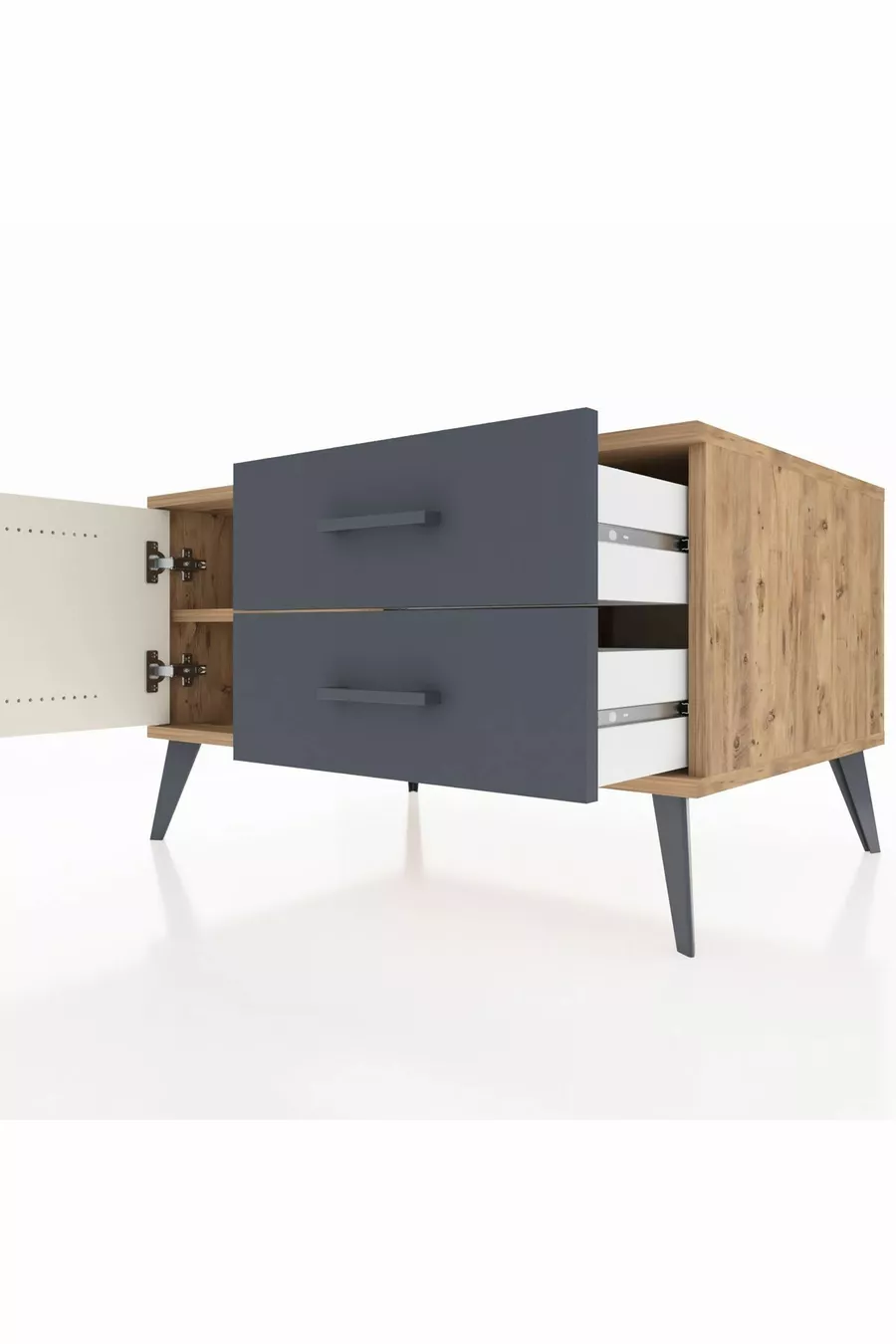 Commode Kronos à une étagère, 2 tiroirs et une porte, Pin-Pierres/Athracite