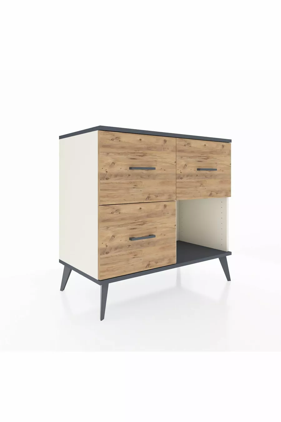 Commode Hyperion 3 tiroirs Pierre de lune-Anthracite/Sapin
