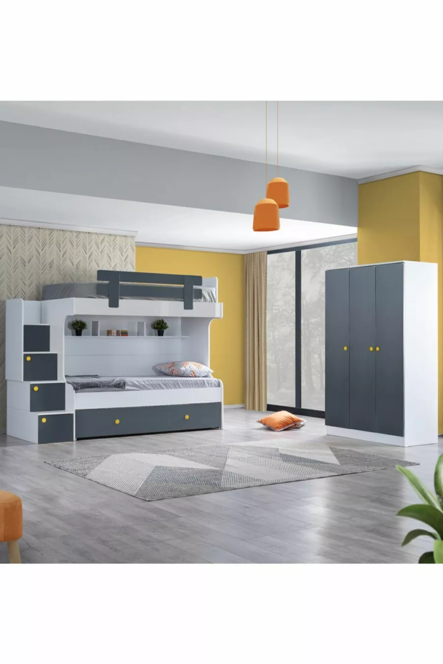 Lit superposé, armoire 3 portes Metris avec lit superposé junior