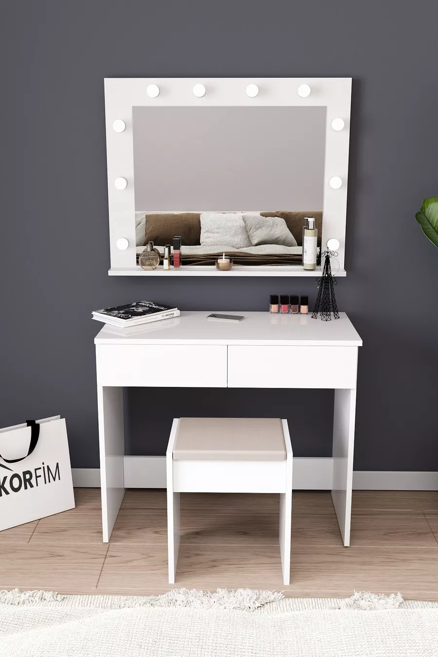 Coiffeuse avec miroir et éclairage LED, tabouret, tiroirs compartimentés pour cosmétiques
