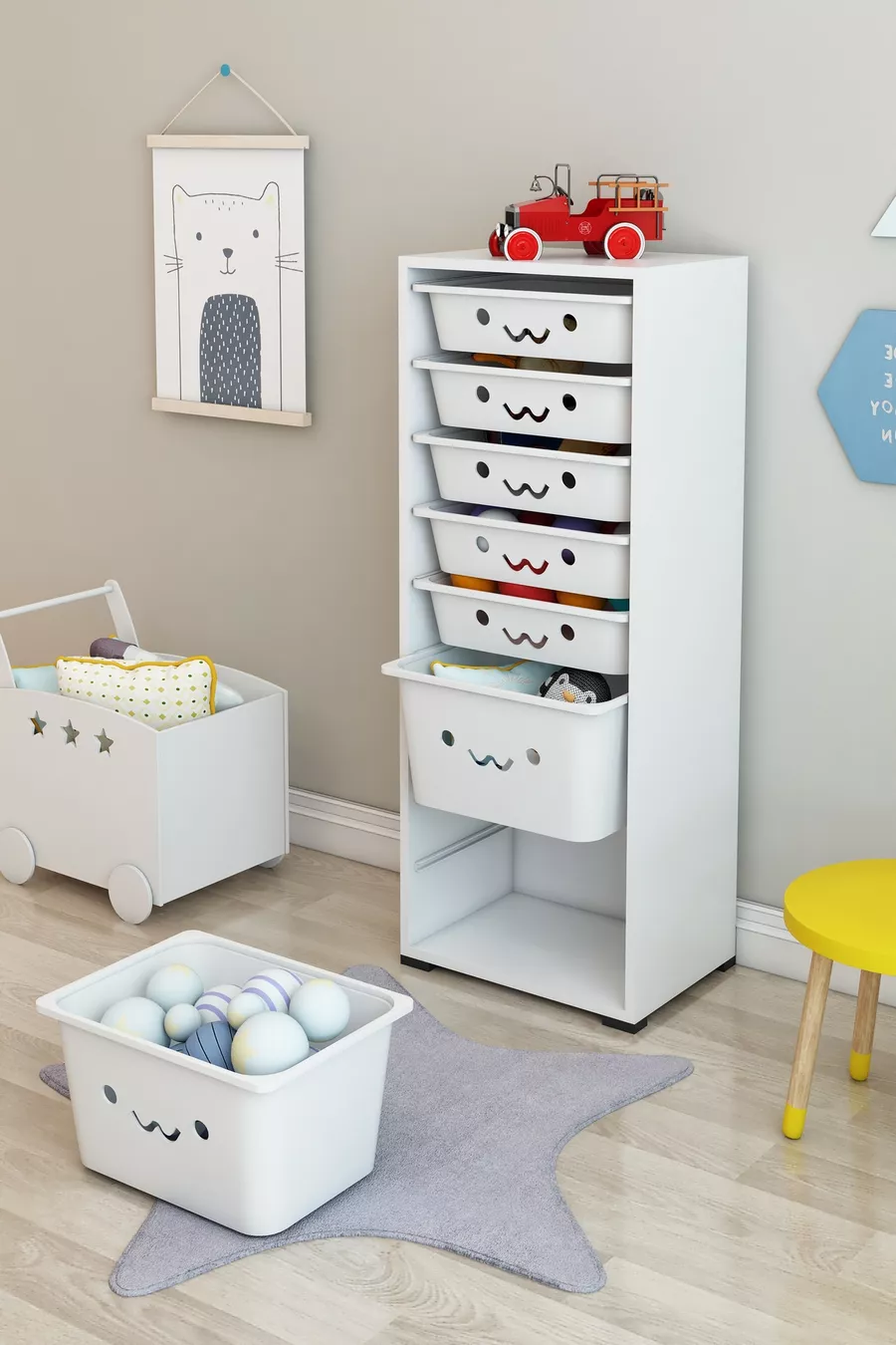 Armoire à jouets KIDS 7 avec 7 paniers et décorations souriantes Boîte de rangement pour jouets