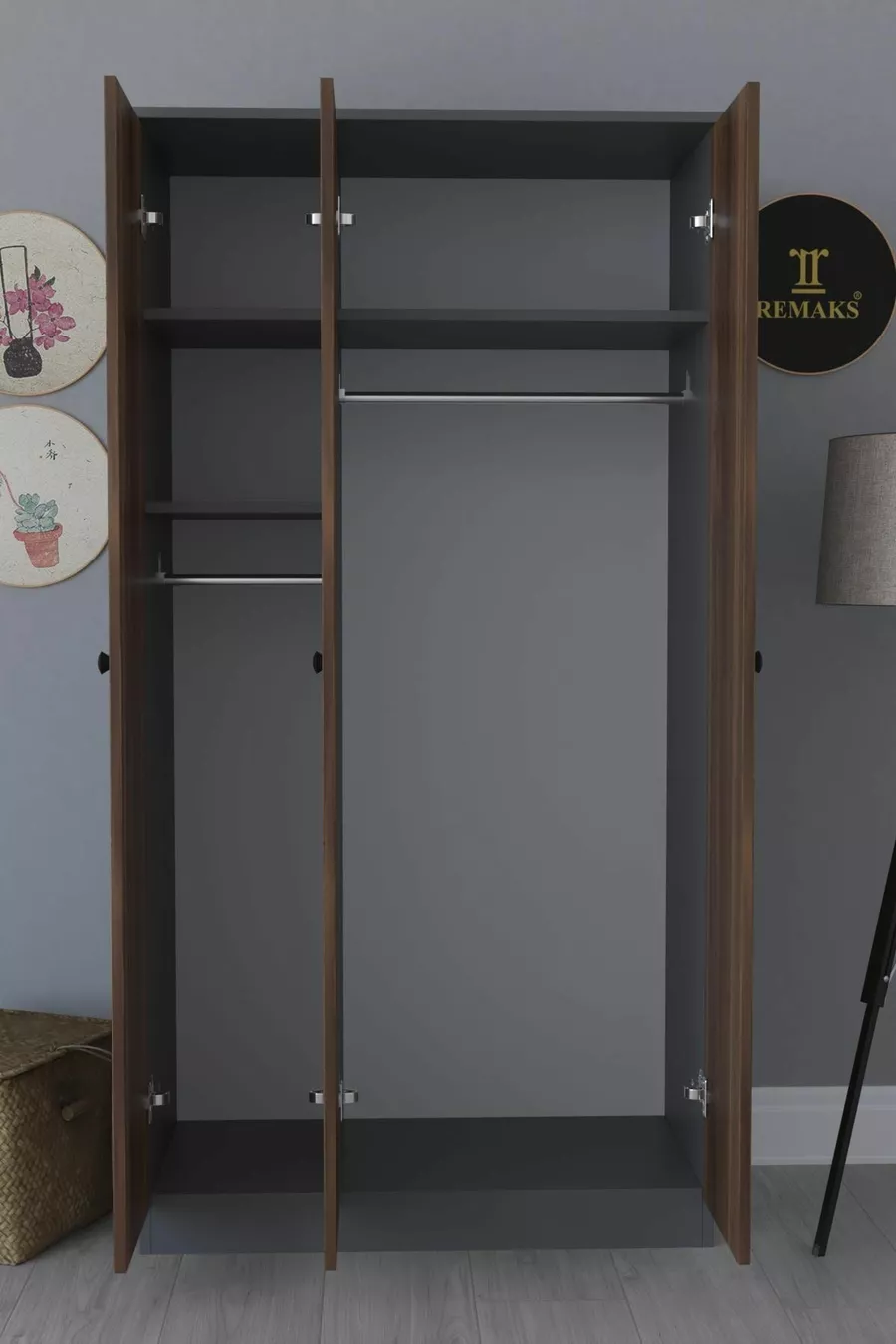 Armoire à vêtements Fuga 3 portes - Corps anthracite, portes en noyer