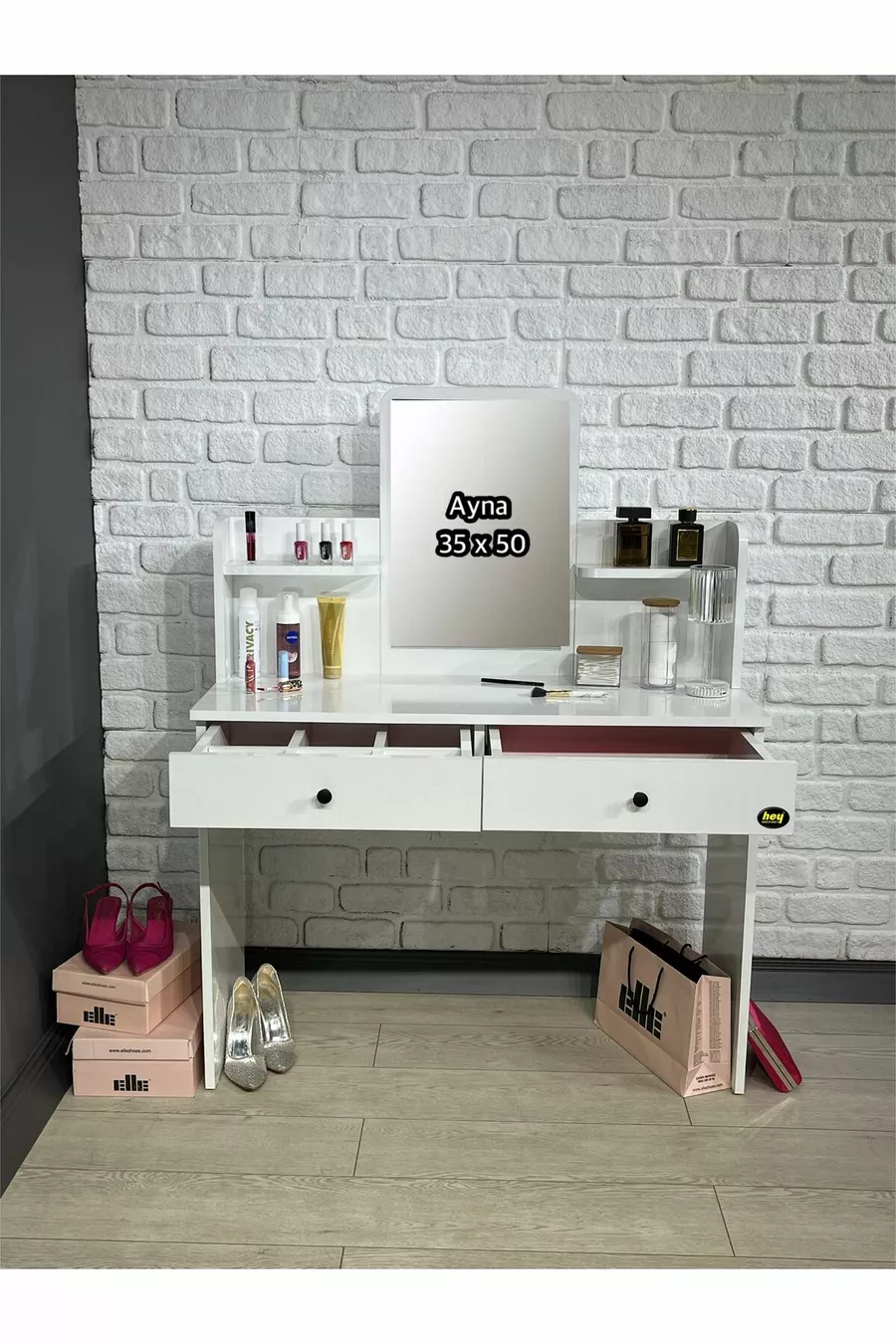 Coiffeuse avec miroir, table de toilette avec 2 tiroirs, organiseur de bijoux et étagère, blanc, cm