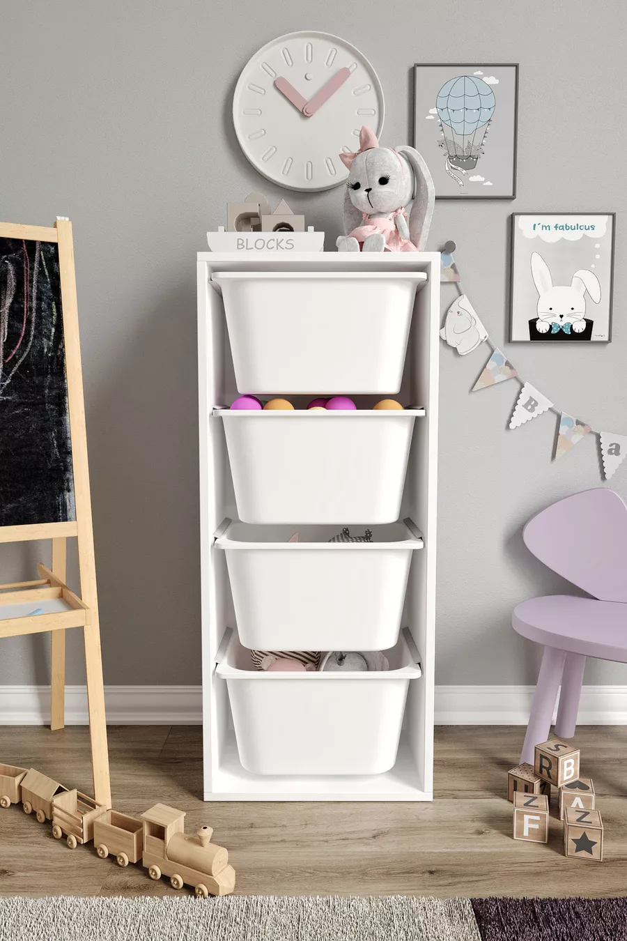 % MDF - Grand Armoire de Jouets Mono 4 avec 4 Grands Paniers