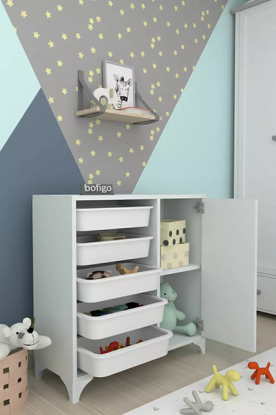 Armoire à 5 paniers, armoire polyvalente, armoire à jouets Kayra blanche