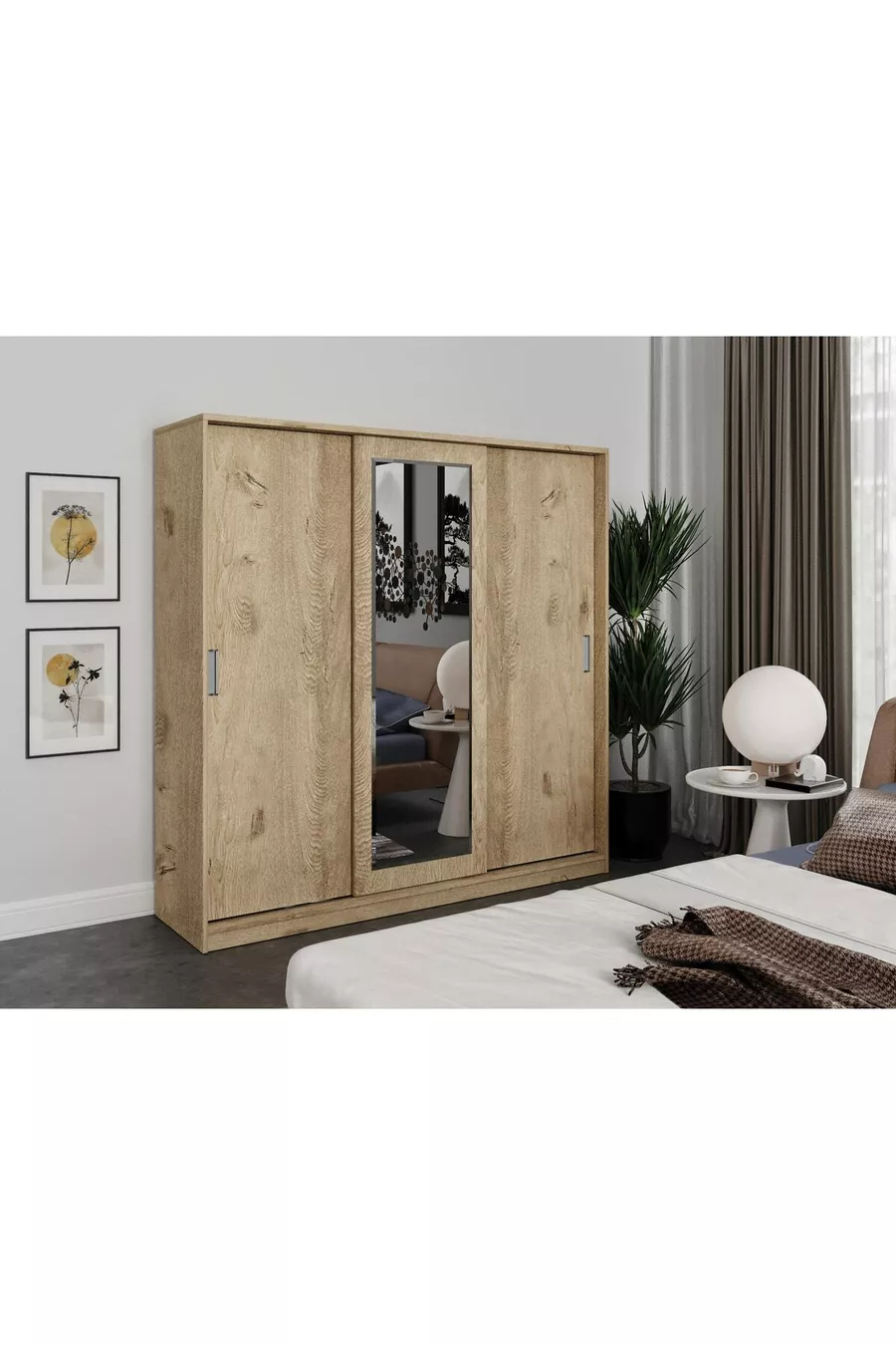Armoire à vêtements avec miroir coulissant à 3 portes Samira - MDF chêne intégral